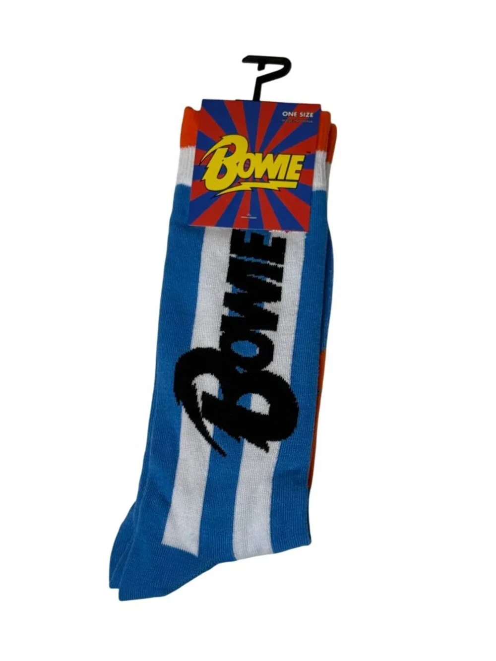 David Bowie Crew Socks One Size Blue White Stripe Music Graphic NWT